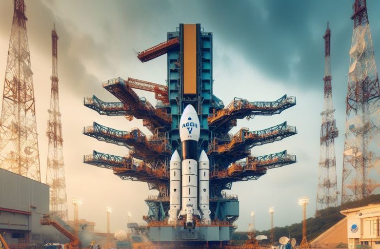 spacecraft orbiting the Earth, with the Indian flag and the ISRO logo on it.